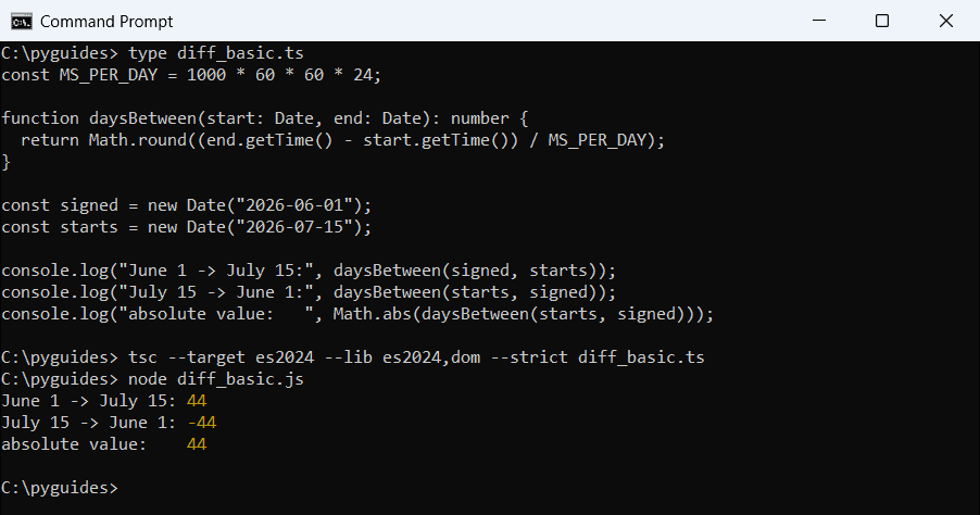 typescript date difference in days gettime command prompt Command Prompt output of a TypeScript daysBetween function returning 44 and -44 days between June 1 and July 15, 2026