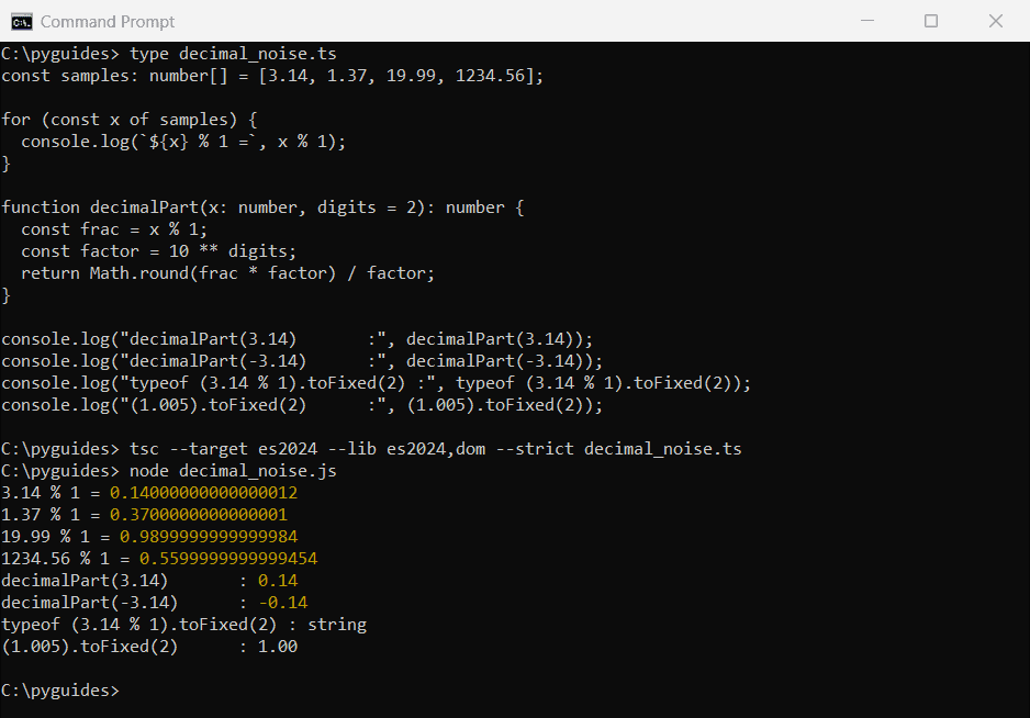 typescript decimal part floating point noise tofixed command prompt Command Prompt output of TypeScript showing floating-point noise from 3.14 % 1 and the fix with Math.round and toFixed