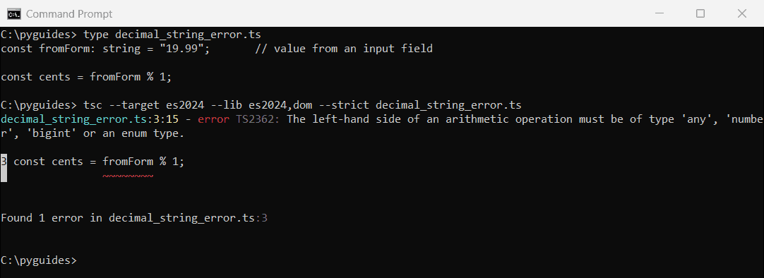 typescript decimal part string arithmetic ts2362 error command prompt Command Prompt showing TypeScript error TS2362 when using the remainder operator on a string value