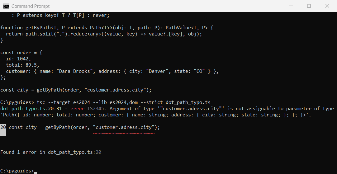Command Prompt showing tsc error TS2345 for a misspelled dotted object path passed to a typed getByPath function in TypeScript