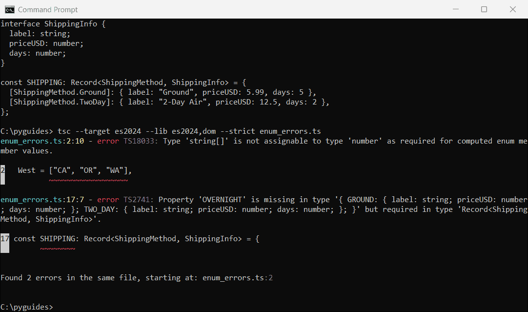 typescript enum array initializer and record missing member error command prompt Command Prompt output of tsc rejecting an array as a TypeScript enum initializer and a Record missing one enum member