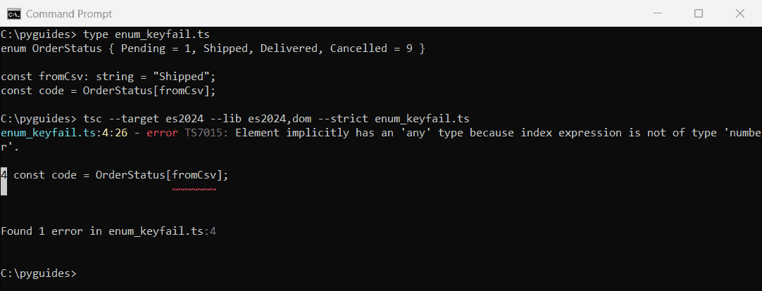 typescript enum name to number ts7015 index error command prompt Command Prompt output of tsc error TS7015 when indexing a TypeScript numeric enum with a string variable