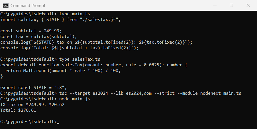 Command Prompt output of a TypeScript export default function imported from another file, compiled with tsc --module nodenext and run with Node.js