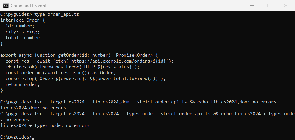 typescript fetch lib dom types node fix command prompt Command Prompt showing the same TypeScript fetch file compiling with --lib es2024,dom and with --types node