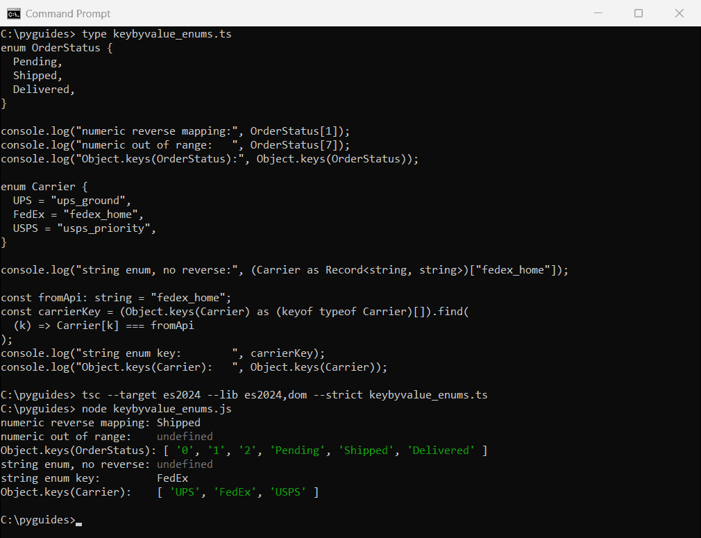 typescript find key by value enum reverse mapping command prompt Command Prompt output of TypeScript numeric enum reverse mapping and finding a string enum key by value with Object.keys and find