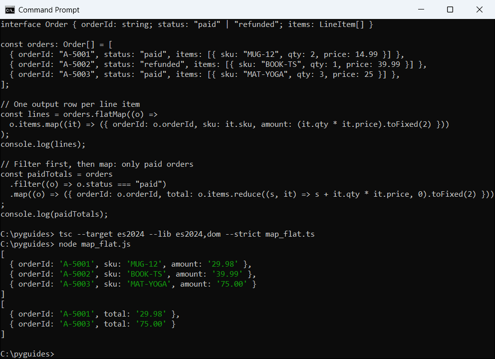 Command Prompt output of TypeScript flatMap turning orders into line items, plus filter then map for paid orders