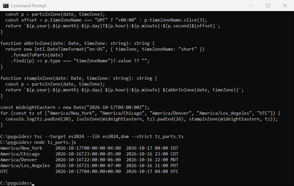Command Prompt output of a TypeScript formatToParts helper printing an ISO 8601 date with offset and a time zone abbreviation for US zones
