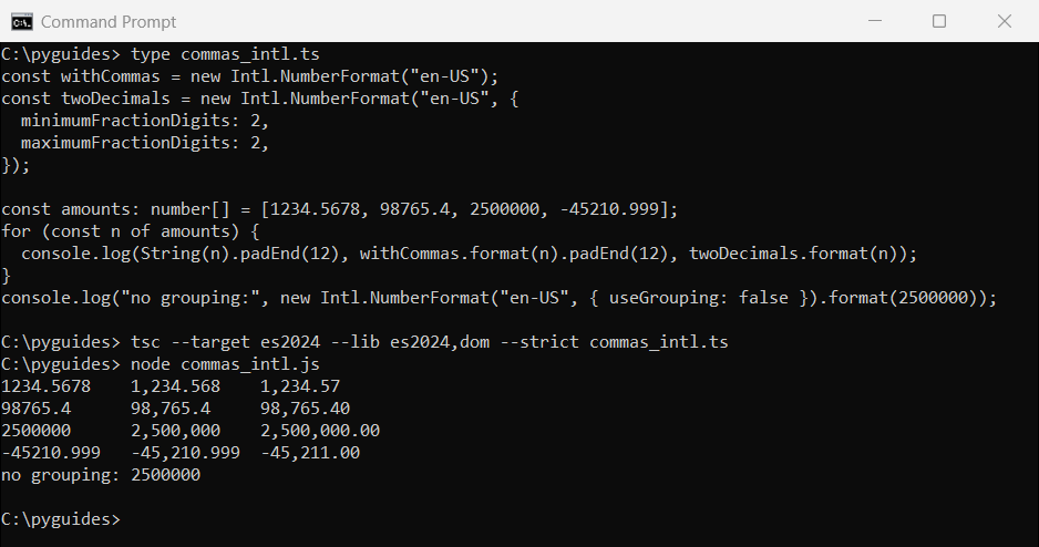 Command Prompt output of TypeScript Intl.NumberFormat adding commas to numbers with and without two fixed decimals