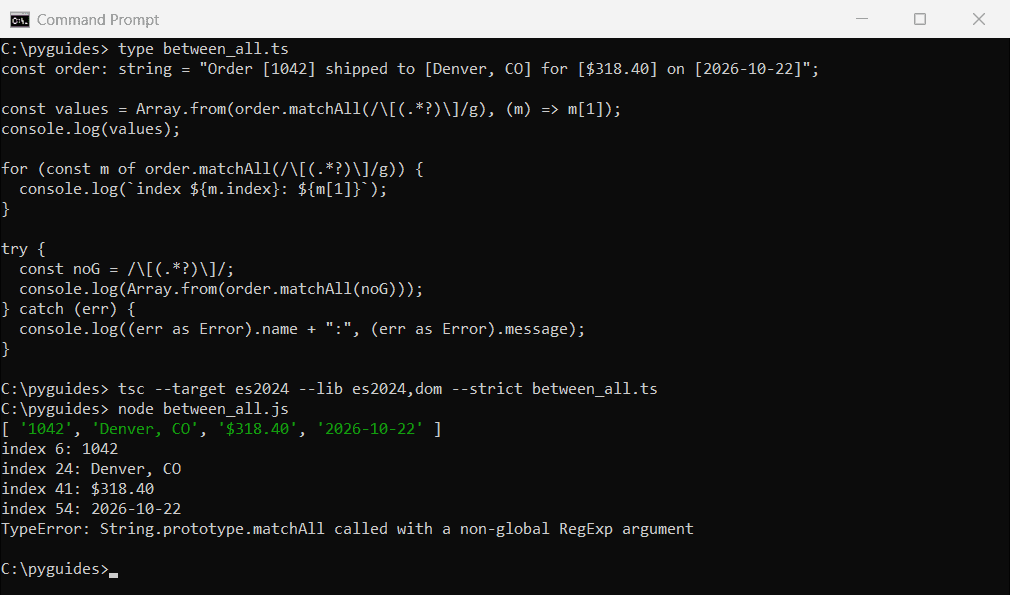 Command Prompt output of TypeScript matchAll returning every value between square brackets with its index, then a TypeError for a regex without the g flag