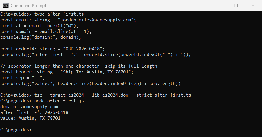 Command Prompt output of TypeScript indexOf and slice getting the domain after @, the text after the first dash and a header value