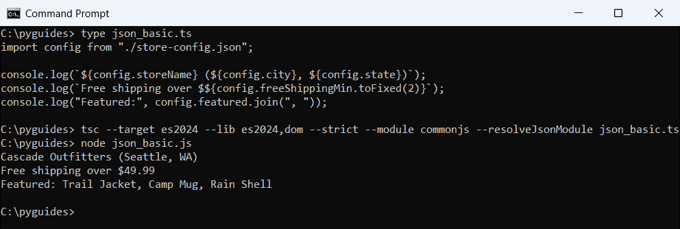 Command Prompt output of tsc and node importing store-config.json in TypeScript with resolveJsonModule