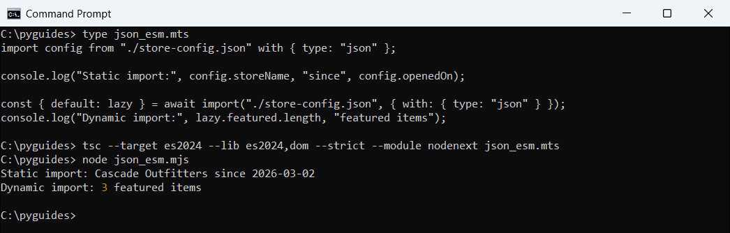 Command Prompt output of a TypeScript .mts file importing JSON with import attributes with type json, compiled with module nodenext and run in Node.js