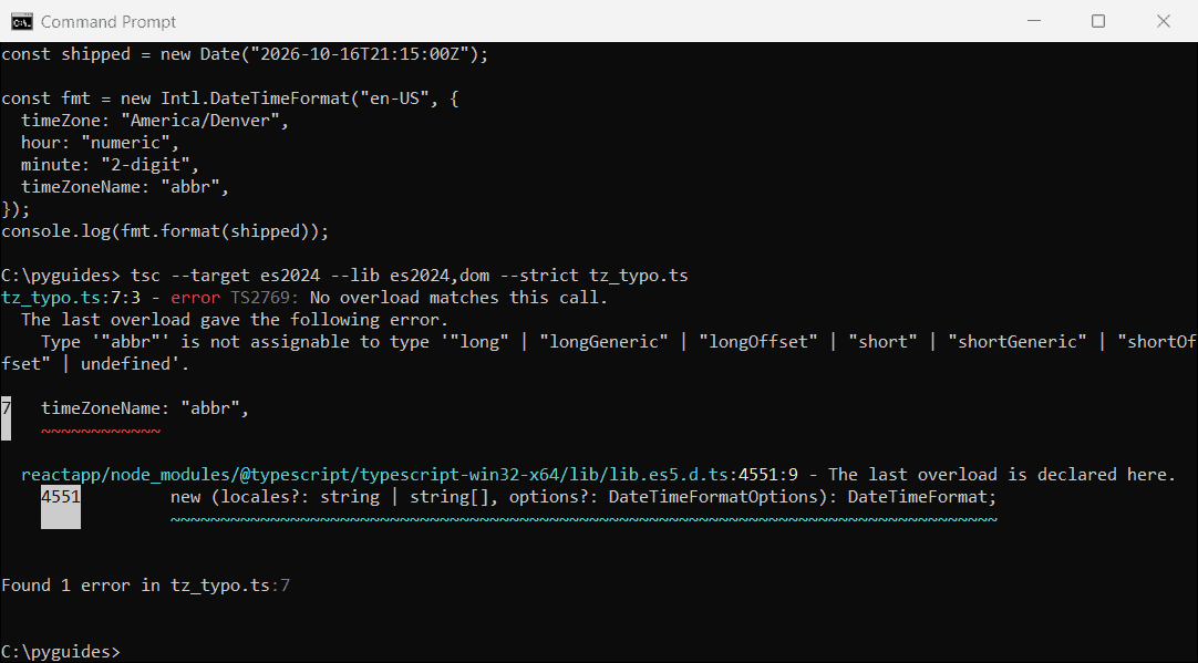 Command Prompt output of the TypeScript compiler error TS2769 for an invalid timeZoneName option in Intl.DateTimeFormat