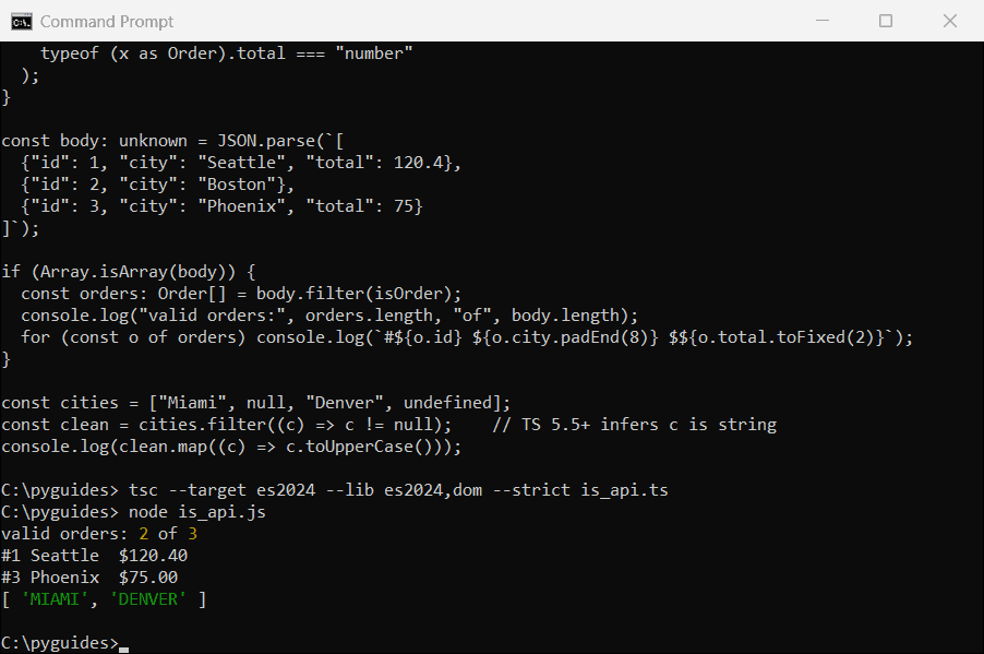 Command Prompt output of a TypeScript is keyword guard filtering unknown JSON into an Order array and removing null values