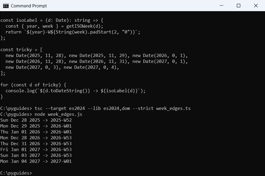 Command Prompt output of TypeScript ISO week labels for dates around New Year 2026 and 2027