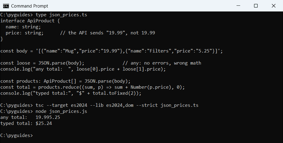 typescript json parse any string price concatenation node output Node.js output where JSON.parse any data concatenates string prices into 19.995.25 while the typed version totals $25.24