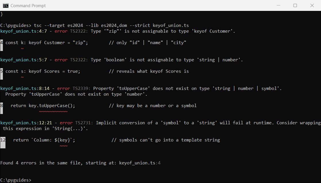 typescript keyof string number symbol error ts2339 ts2731 command prompt Command Prompt output of tsc errors TS2322, TS2339 and TS2731 showing keyof is string | number | symbol