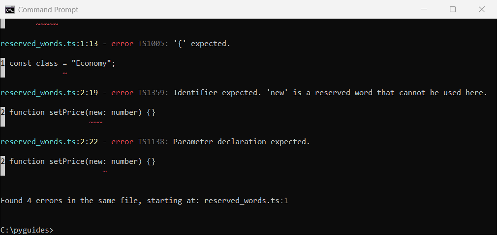 typescript keywords list reserved word variable name ts1389 error TypeScript compiler errors TS1389 and TS1359 for reserved keywords class and new used as names