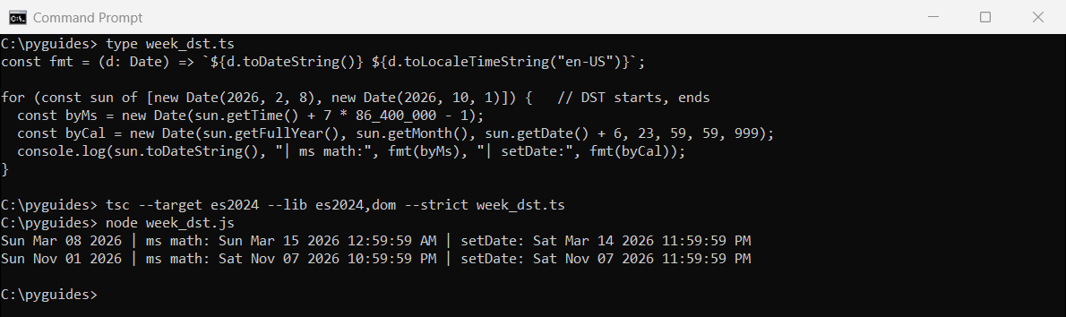 Command Prompt output comparing millisecond math and setDate for the last day of the week during the 2026 daylight saving changes in Chicago