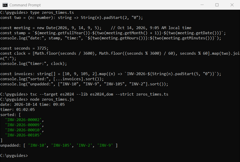 Command Prompt output of TypeScript formatting a 2026 date and time with leading zeros, an HH:MM:SS timer, and sorting padded invoice numbers