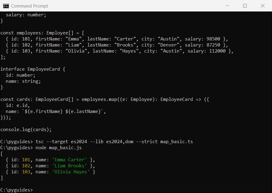 Command Prompt output of TypeScript map() converting Employee objects into EmployeeCard objects