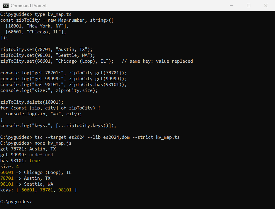 typescript map key value pair set get command prompt Command Prompt output of a TypeScript Map with number ZIP code keys showing set, get, has, size, delete and a for...of loop