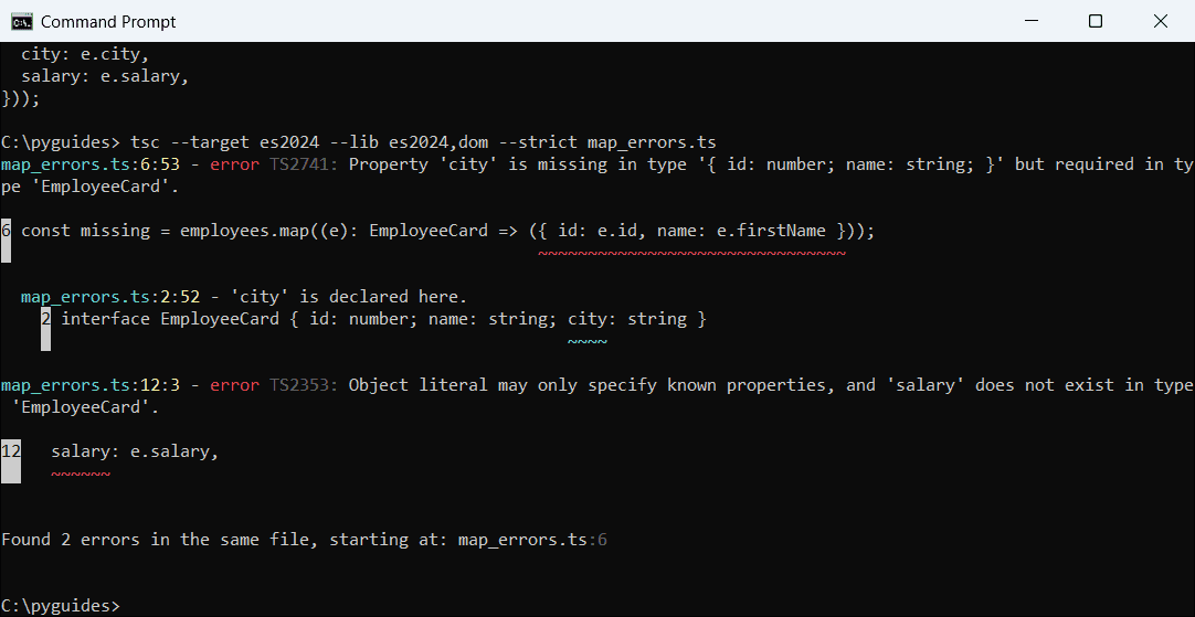 Command Prompt output of tsc errors TS2741 property city is missing and TS2353 object literal may only specify known properties
