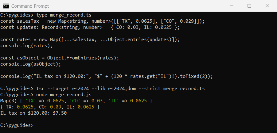 Command Prompt output of a TypeScript Map merged with a Record using Object.entries and converted back with Object.fromEntries