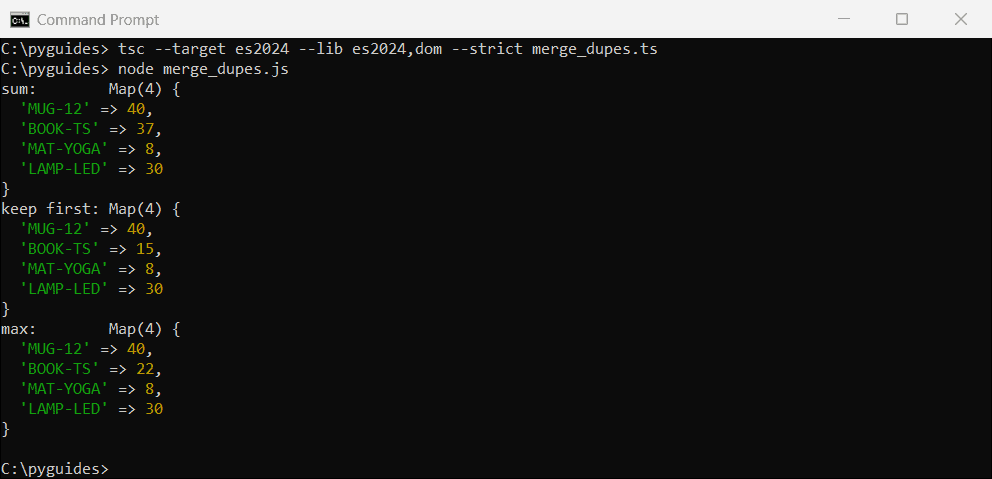 Command Prompt output of a TypeScript mergeWith function summing, keeping first and max values for duplicate Map keys