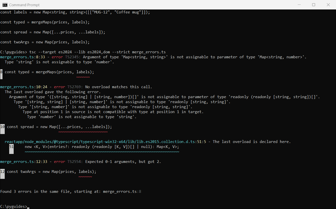 Command Prompt output of tsc errors TS2345, TS2769 and TS2554 when merging TypeScript Maps