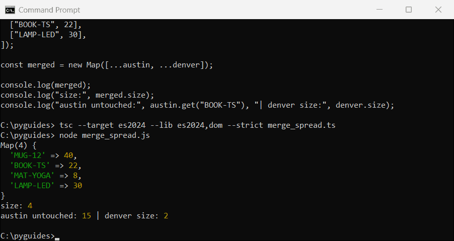 Command Prompt output of TypeScript new Map spread merging Austin and Denver inventory Maps