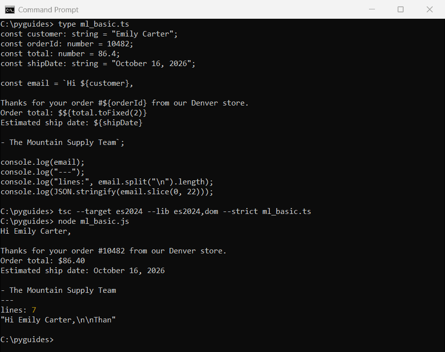 Command Prompt output of a TypeScript multiline string built with a template literal for an order email
