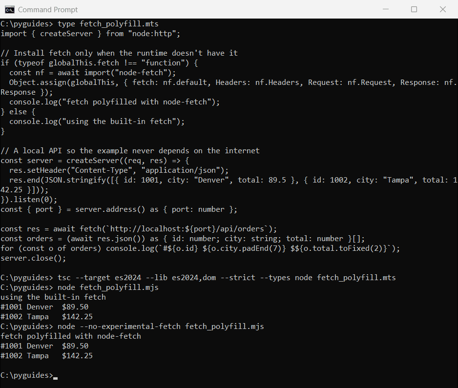 typescript node fetch polyfill fetch not defined command prompt Command Prompt running a TypeScript node-fetch polyfill on Node.js 22 with and without --no-experimental-fetch