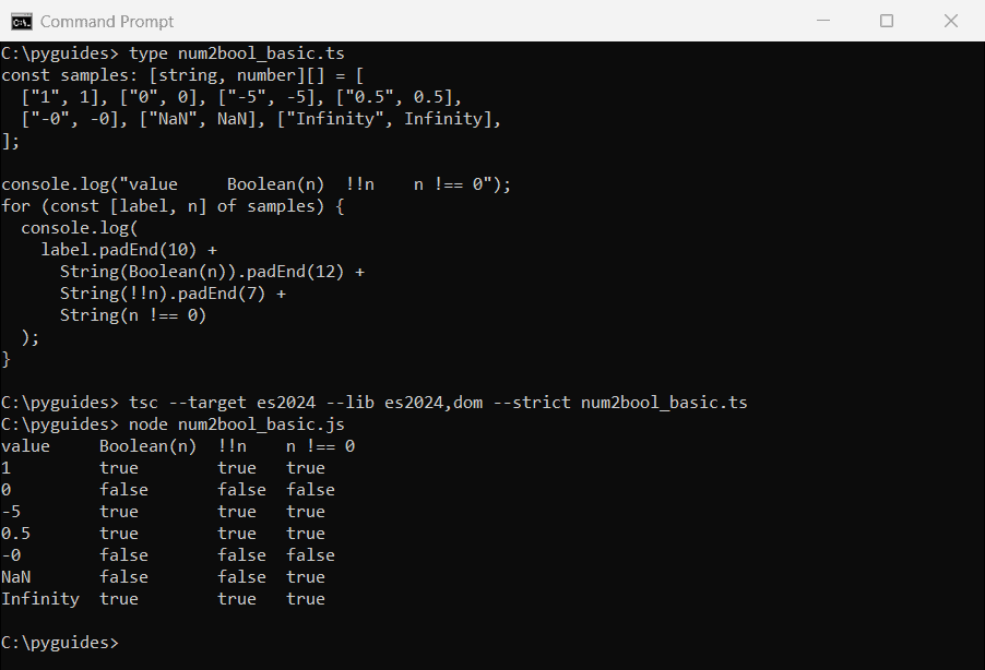 typescript number to boolean nan infinity negative zero command prompt Command Prompt output comparing Boolean(n), !!n and n !== 0 in TypeScript for 1, 0, -5, 0.5, -0, NaN and Infinity