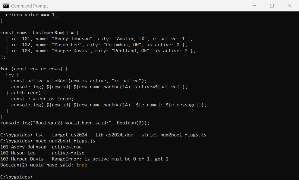 typescript number to boolean strict 0 1 flag rangeerror command prompt Command Prompt output of a TypeScript strict 0/1 flag conversion that throws RangeError for the value 2