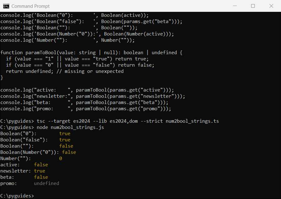 typescript number to boolean string zero is true command prompt Command Prompt output showing TypeScript Boolean of the string 0 and the string false returning true, plus a strict paramToBool helper