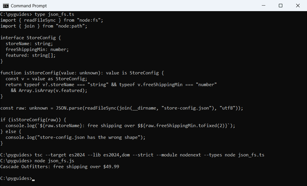 Command Prompt output of TypeScript reading store-config.json with readFileSync and JSON.parse, checked by a type guard