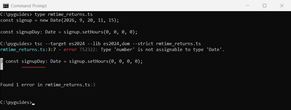 typescript remove time sethours returns number ts2322 command prompt Command Prompt showing TypeScript error TS2322 Type number is not assignable to type Date after assigning setHours to a Date variable