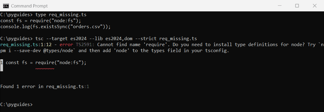 typescript require cannot find name require ts2591 command prompt Command Prompt output of tsc error TS2591 Cannot find name require, do you need to install type definitions for node