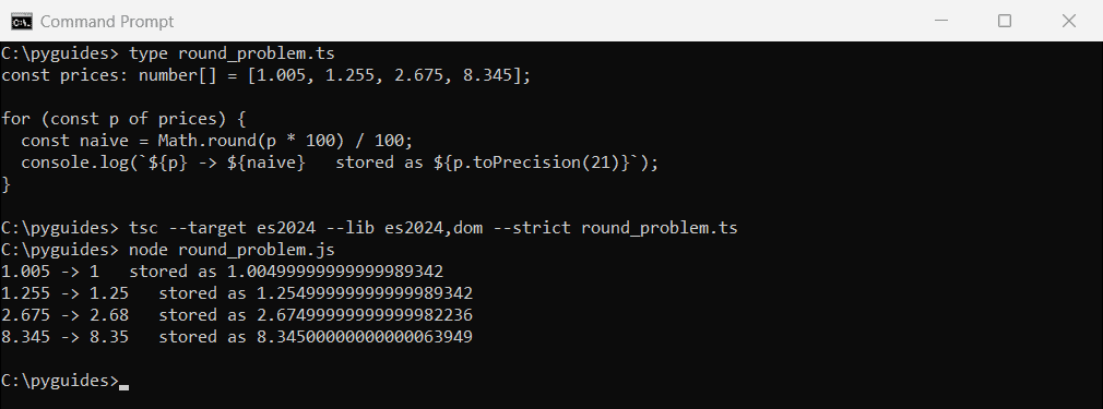 typescript round 2 decimals 1005 floating point math round command prompt Command Prompt output showing TypeScript Math.round rounding 1.005 to 1 because it is stored as 1.00499999999999989342