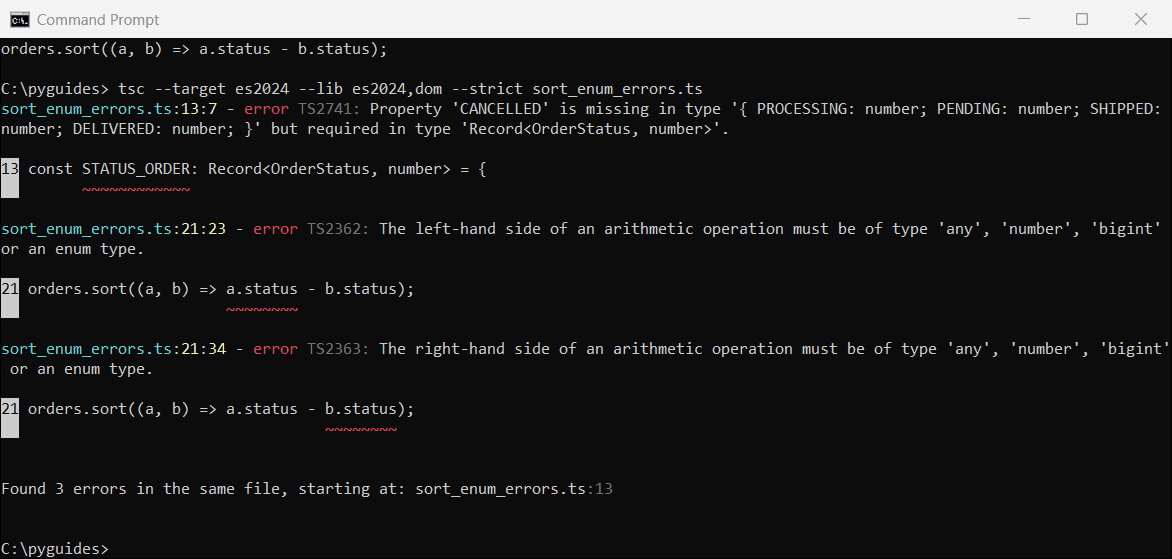 Command Prompt output of tsc errors for a Record missing an enum member and arithmetic on string enum values