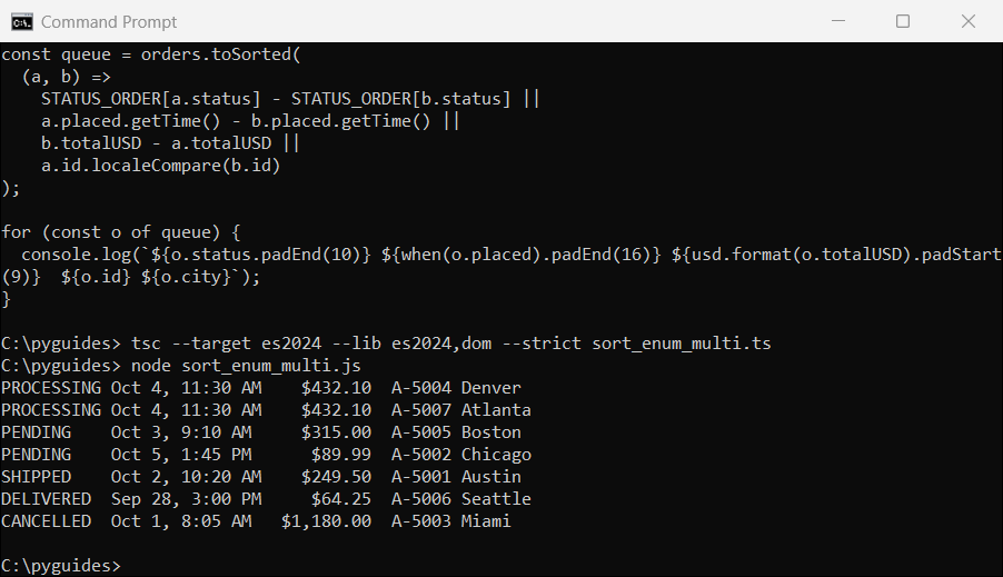 Command Prompt output of TypeScript orders sorted by enum status, then placed date, then USD total