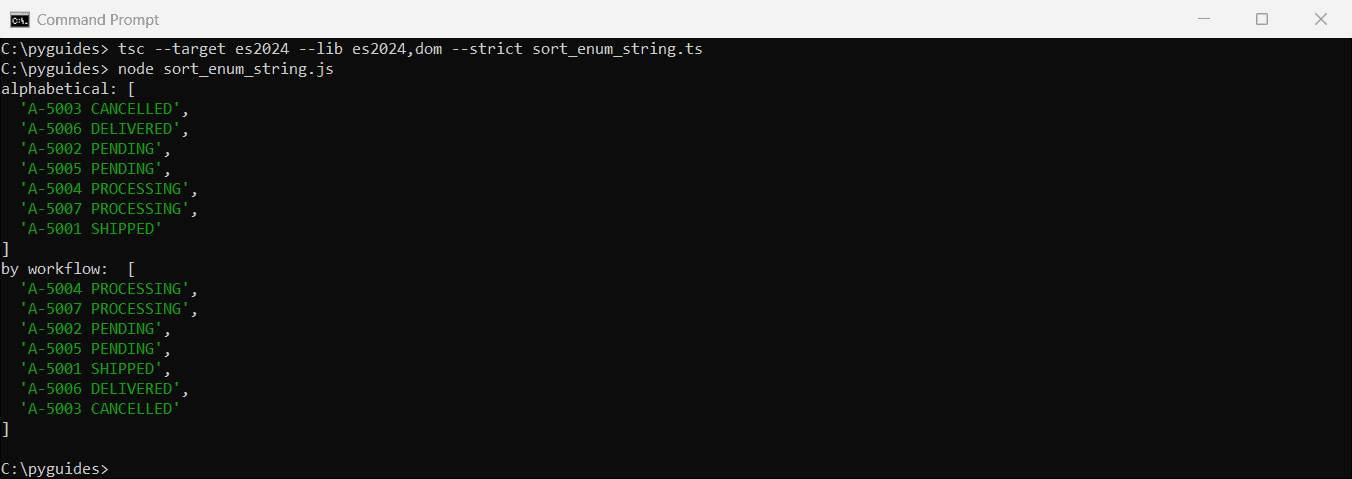 Command Prompt output of TypeScript orders sorted by a string enum alphabetically and with a Record order map