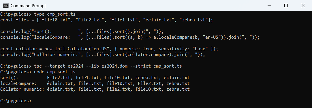Command Prompt output of TypeScript sorting file names with sort(), localeCompare and Intl.Collator with numeric true