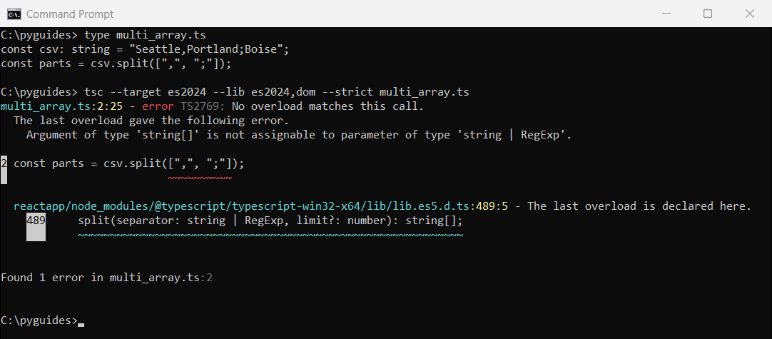 typescript split array of separators no overload error command prompt Command Prompt showing the TypeScript compiler rejecting split called with an array of separators: No overload matches this call