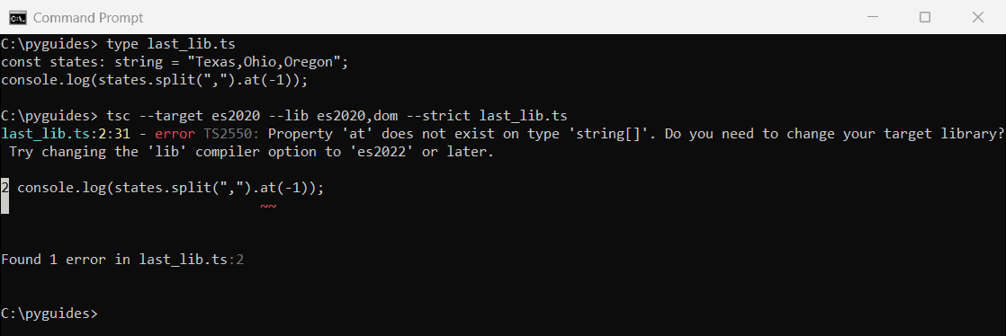 Command Prompt showing TypeScript error TS2550 Property at does not exist on type string array, change the lib compiler option to es2022
