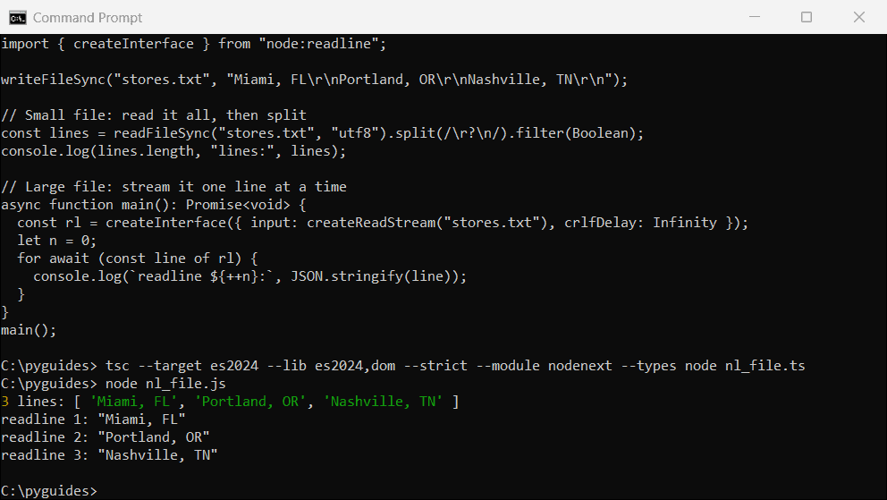Command Prompt output of a TypeScript Node.js script splitting a CRLF text file by new line and reading it with readline