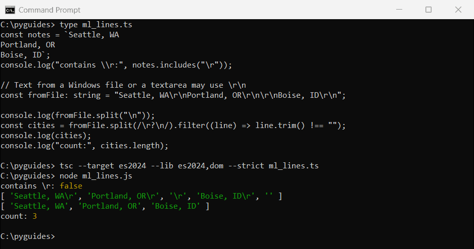 Command Prompt output of splitting a TypeScript multiline string with CRLF line endings into a clean array of lines