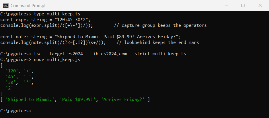 typescript split multiple separators keep delimiters capture group command prompt Command Prompt output of TypeScript split keeping math operators with a capture group and sentence punctuation with a lookbehind
