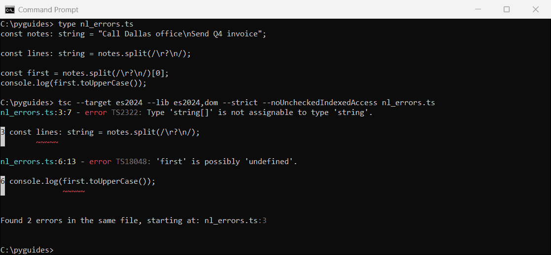 Command Prompt showing TypeScript errors TS2322 string array not assignable to string and TS18048 possibly undefined after split
